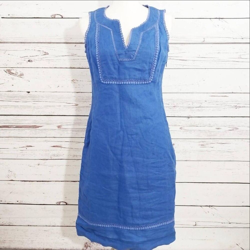 Boden Abigail Blue Linen Sleeveless Shift Dress Size 6L Women’s Casual Costal